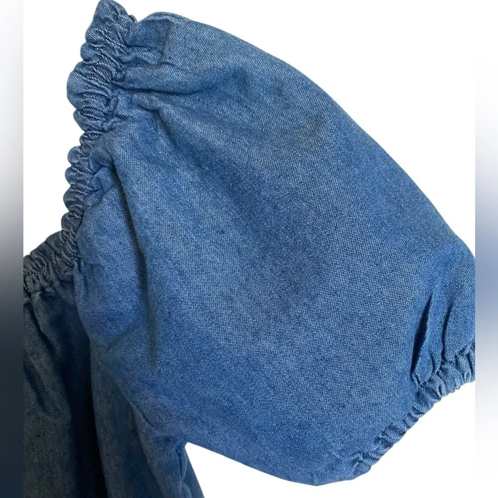 BCBG GIRLS Blue Denim Ruffle Dress Puff Sleeve Smocked Dress Size Large NWOT